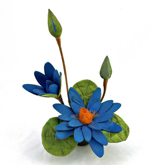 Oriental Water Lily Pad Flowers & Buds Satin Textile Art Fabric MCM Textile Art - Picture 1 of 4